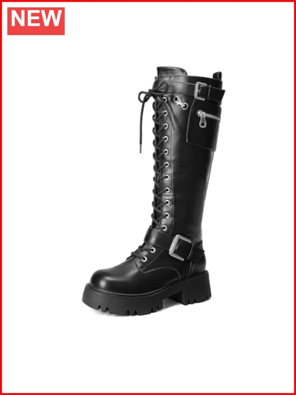 Knee High Combat Boots Platform Heels Faux Leather Pointed Toe Motorcycle Lace